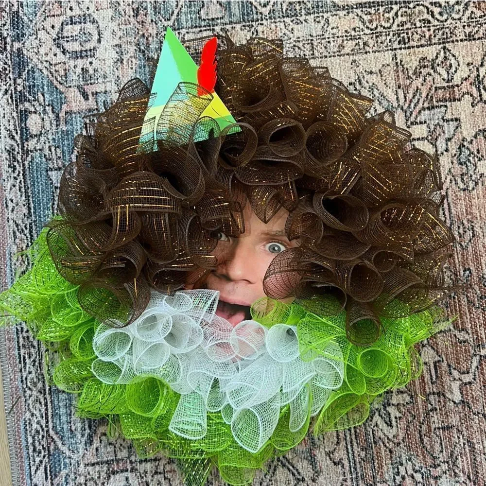 Buddy the Elf Festive Mesh Christmas Door Wreath with Green and Brown Accents